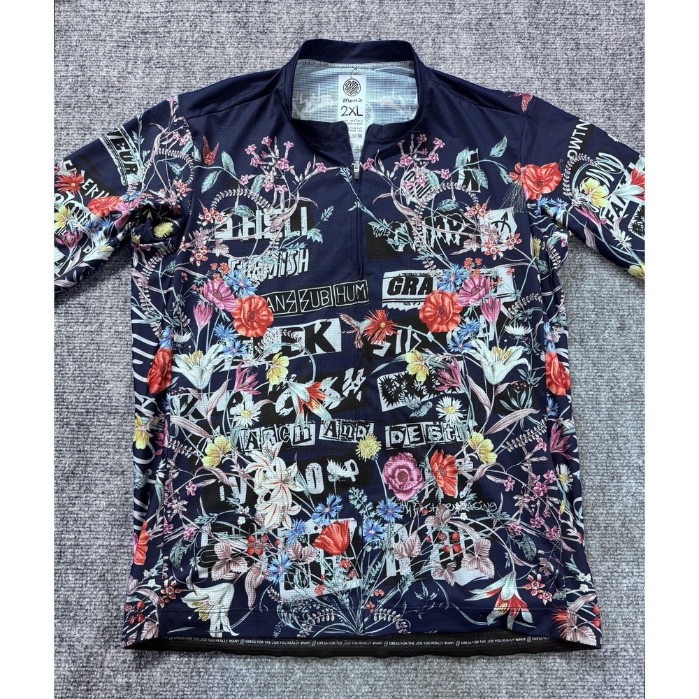 Ostroy Men's 2XL Punk Flowers Cycling Jersey Short Sleeve Full Zip Navy